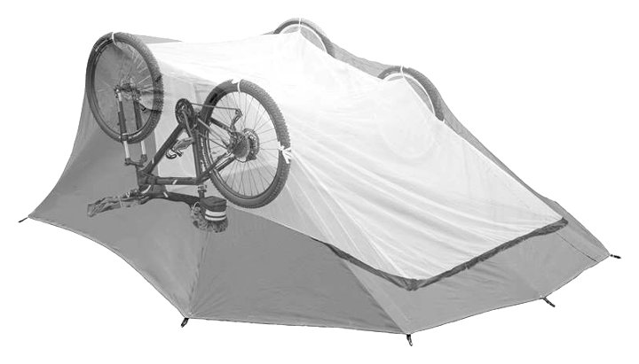 Visualisation of the Tike bike tent: an upside-down bike holds up the fly at each end